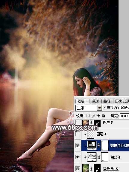 ‘Photoshop将水边的美女增加暗调红褐色‘