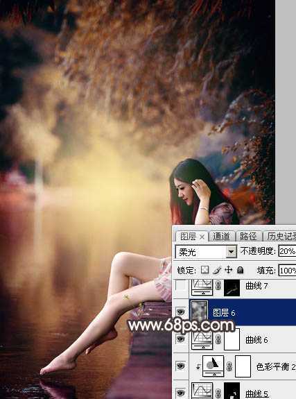 ‘Photoshop将水边的美女增加暗调红褐色‘