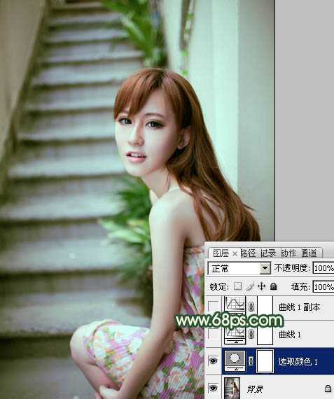‘Photoshop将楼梯边美女图片调制出甜美的青绿色效果‘