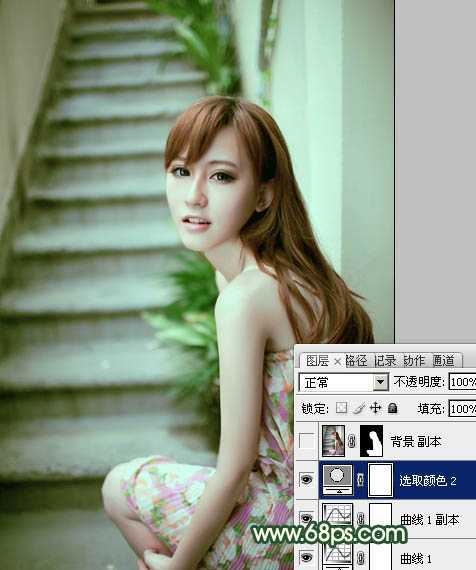 ‘Photoshop将楼梯边美女图片调制出甜美的青绿色效果‘