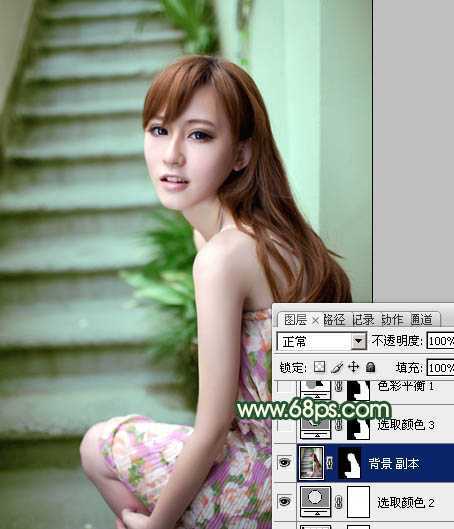‘Photoshop将楼梯边美女图片调制出甜美的青绿色效果‘