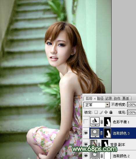 ‘Photoshop将楼梯边美女图片调制出甜美的青绿色效果‘