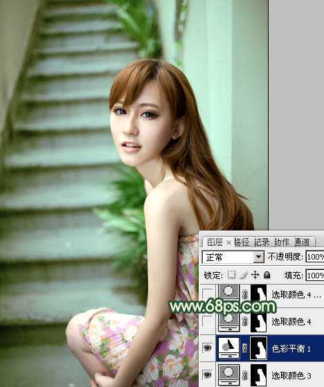 ‘Photoshop将楼梯边美女图片调制出甜美的青绿色效果‘