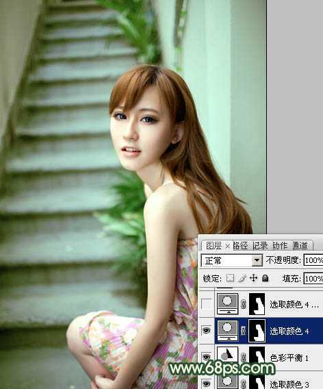 ‘Photoshop将楼梯边美女图片调制出甜美的青绿色效果‘