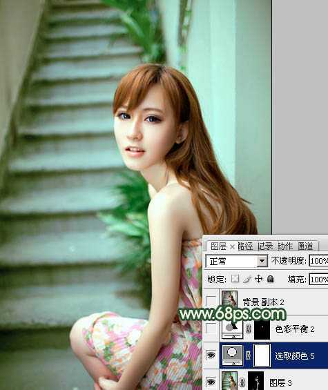 ‘Photoshop将楼梯边美女图片调制出甜美的青绿色效果‘