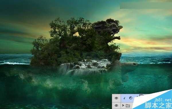 ‘Photoshop合成海洋巨龟驮着岛在水上漂浮的效果图‘