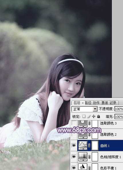 ‘Photoshop为草地上的美女调制出唯美的中性紫色‘