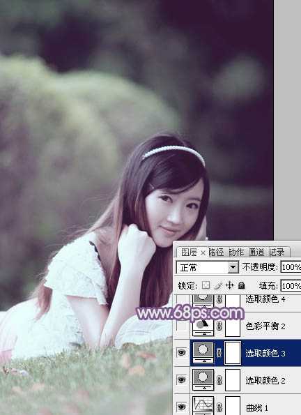 ‘Photoshop为草地上的美女调制出唯美的中性紫色‘