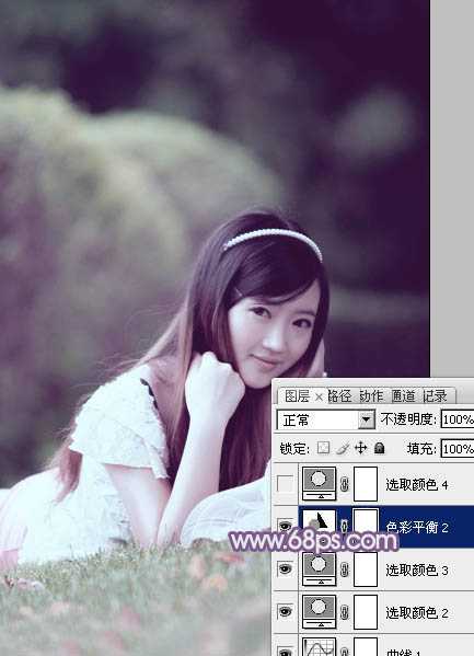 ‘Photoshop为草地上的美女调制出唯美的中性紫色‘