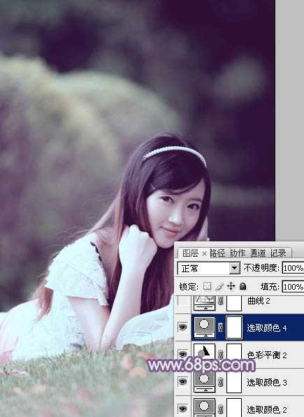 ‘Photoshop为草地上的美女调制出唯美的中性紫色‘