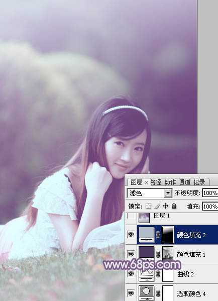 ‘Photoshop为草地上的美女调制出唯美的中性紫色‘