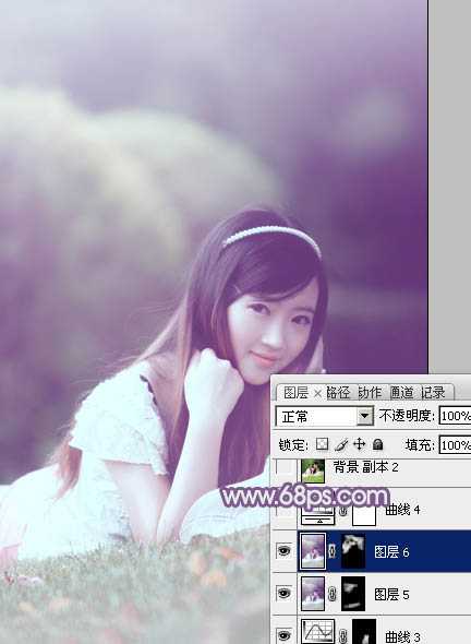 ‘Photoshop为草地上的美女调制出唯美的中性紫色‘