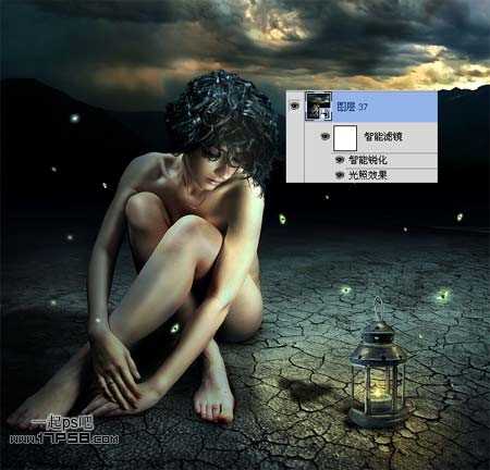 ‘photoshop合成夜半梦境坐在孤灯旁取暖的女精灵‘