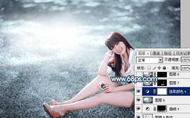 ‘Photoshop调出唯美的秋季淡蓝色草地上美女图片‘