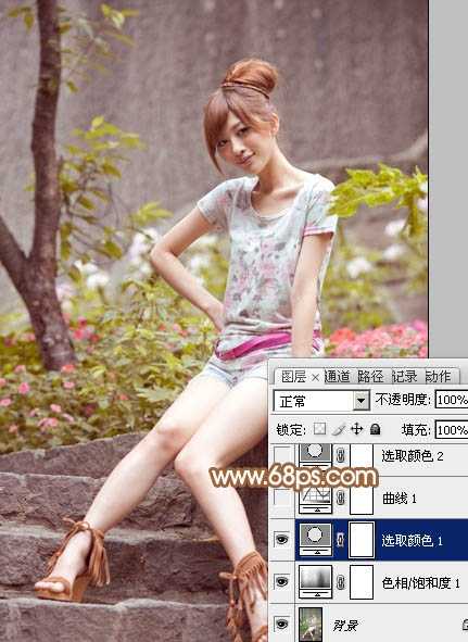 ‘Photoshop为坐石阶上的美女加上柔和的粉褐色‘