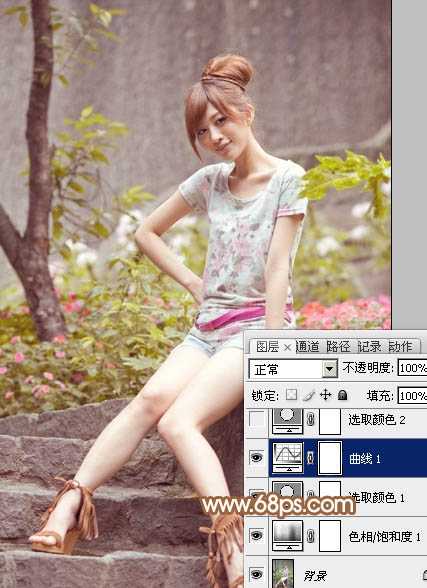 ‘Photoshop为坐石阶上的美女加上柔和的粉褐色‘
