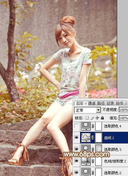 ‘Photoshop为坐石阶上的美女加上柔和的粉褐色‘