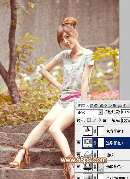 ‘Photoshop为坐石阶上的美女加上柔和的粉褐色‘