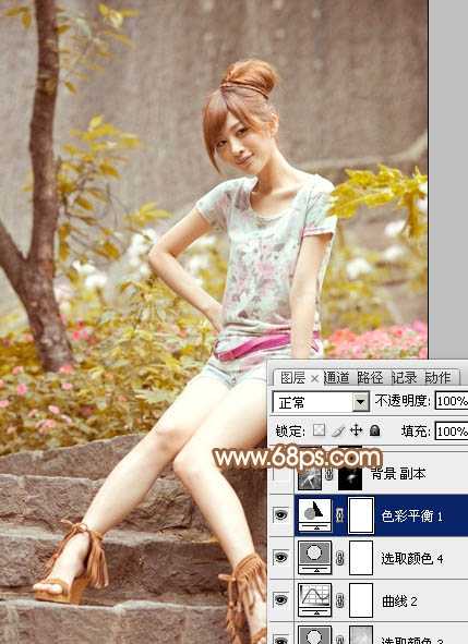 ‘Photoshop为坐石阶上的美女加上柔和的粉褐色‘