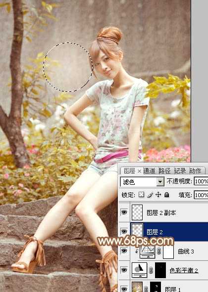 ‘Photoshop为坐石阶上的美女加上柔和的粉褐色‘