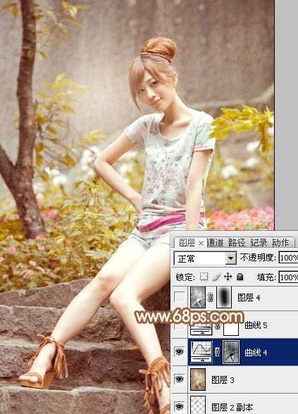 ‘Photoshop为坐石阶上的美女加上柔和的粉褐色‘