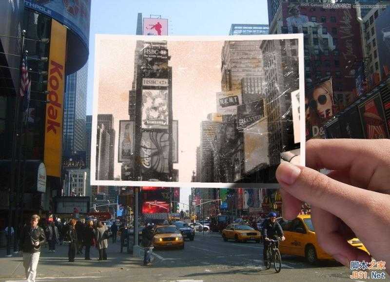 ‘Photoshop创意合成手拿老照片旧地重游的图片效果‘
