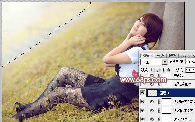 ‘Photoshop为依靠树干的美女调制出早秋黄褐色‘