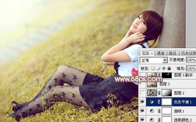 ‘Photoshop为依靠树干的美女调制出早秋黄褐色‘