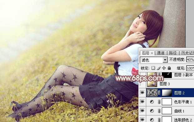 ‘Photoshop为依靠树干的美女调制出早秋黄褐色‘