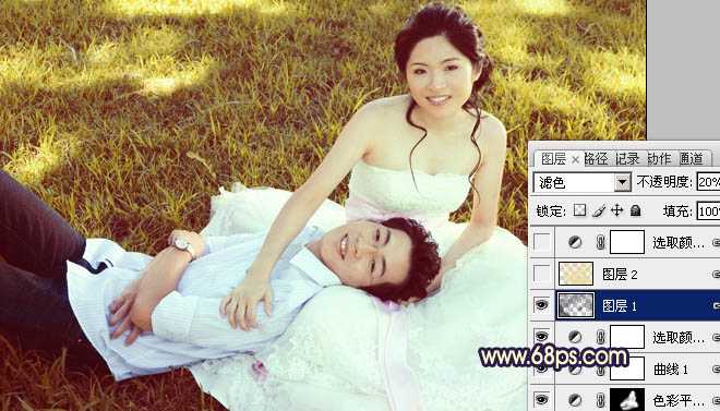 ‘Photoshop将草地婚片调成漂亮的暖调黄褐色‘