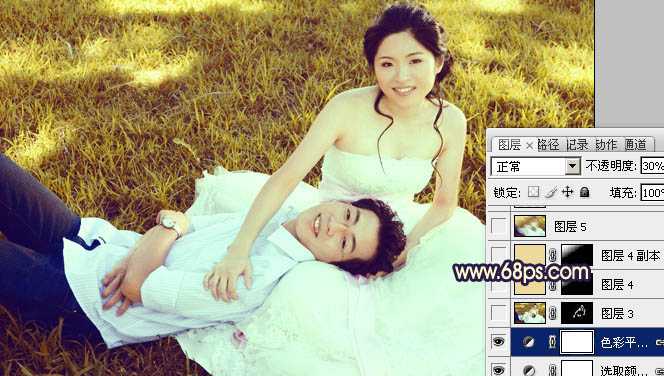 ‘Photoshop将草地婚片调成漂亮的暖调黄褐色‘