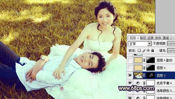 ‘Photoshop将草地婚片调成漂亮的暖调黄褐色‘