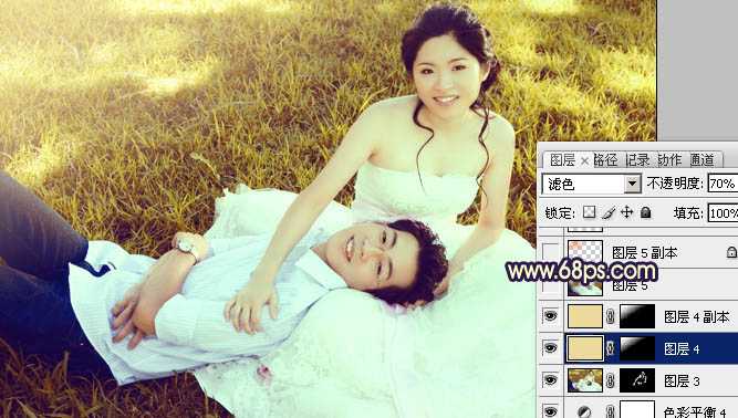 ‘Photoshop将草地婚片调成漂亮的暖调黄褐色‘