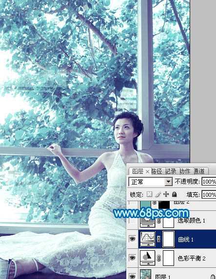 ‘Photoshop为窗户边上的美女图片调制出梦幻的青绿色‘