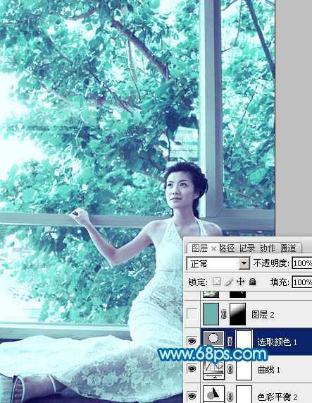 ‘Photoshop为窗户边上的美女图片调制出梦幻的青绿色‘