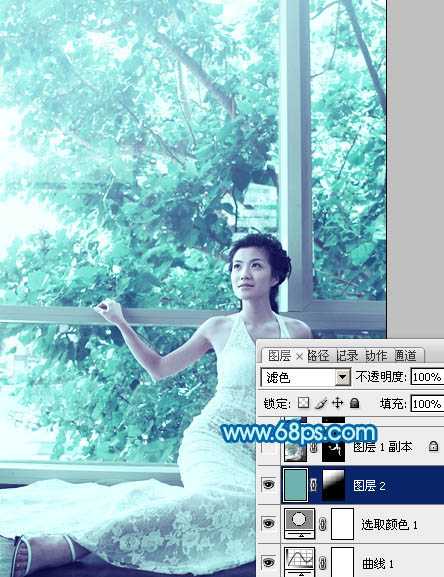 ‘Photoshop为窗户边上的美女图片调制出梦幻的青绿色‘