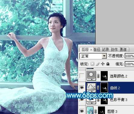 ‘Photoshop为窗户边上的美女图片调制出梦幻的青绿色‘