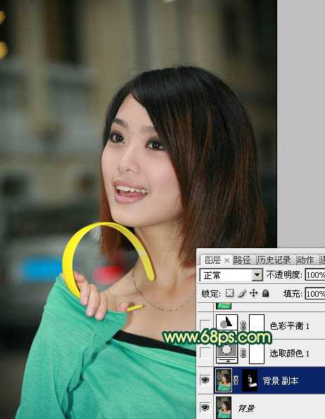 ‘Photoshop将室内美女图片调制出流行的甜美黄青色效果‘