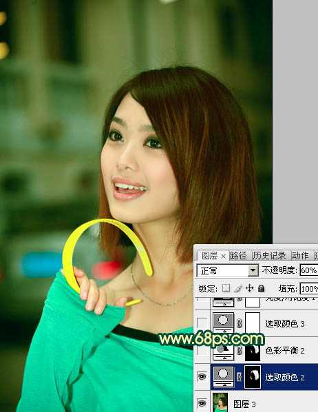 ‘Photoshop将室内美女图片调制出流行的甜美黄青色效果‘