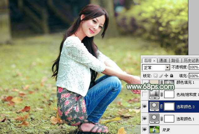 ‘Photoshop为外景美女图片打造甜美的粉绿色早春特效‘