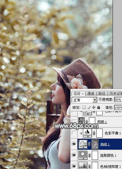 ‘Photoshop调出给唯美的中性暖褐色树边美女图片‘