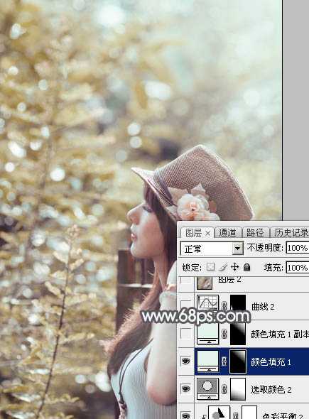 ‘Photoshop调出给唯美的中性暖褐色树边美女图片‘