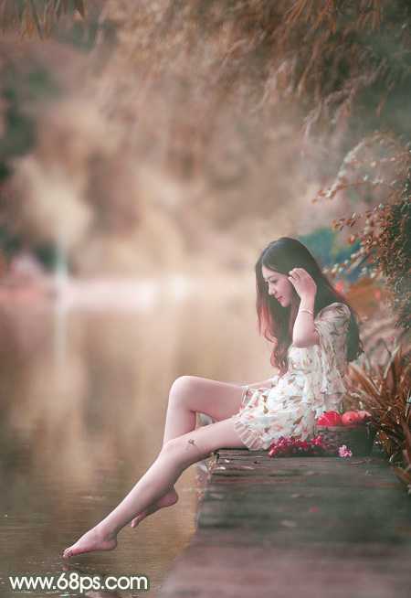 ‘Photoshop为水边美女图片打造甜美的酒红色‘