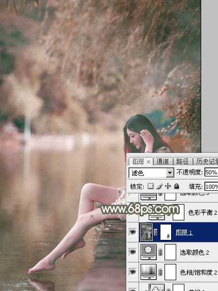 ‘Photoshop为水边美女图片打造甜美的酒红色‘
