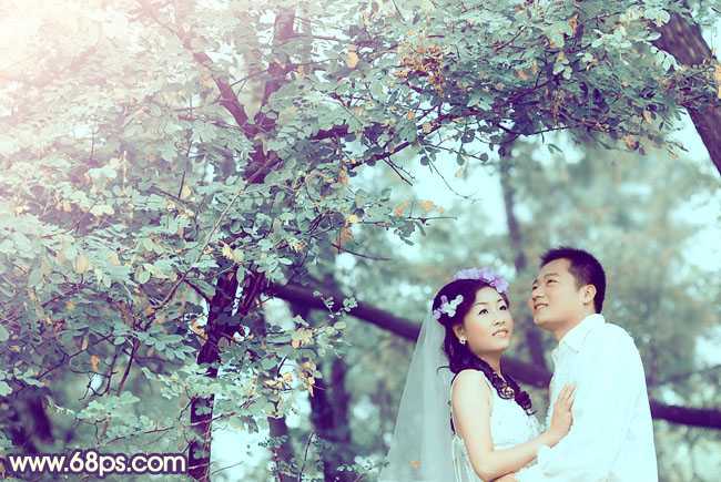 ‘Photoshop制作古典青褐色效果的树林婚片‘
