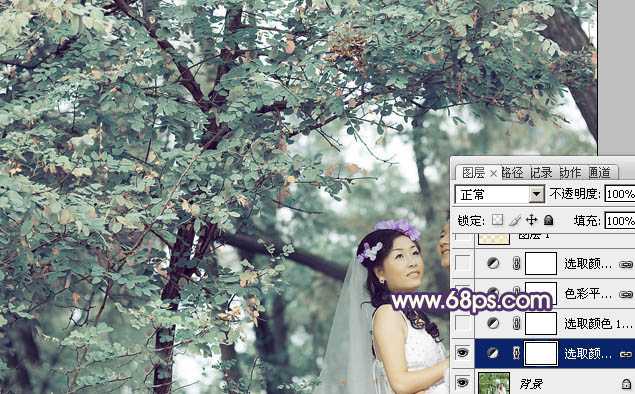 ‘Photoshop制作古典青褐色效果的树林婚片‘