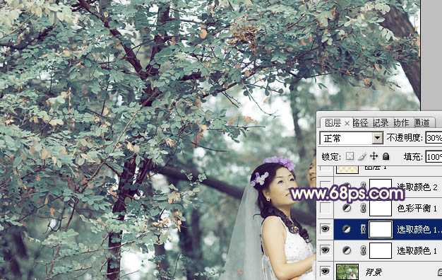 ‘Photoshop制作古典青褐色效果的树林婚片‘