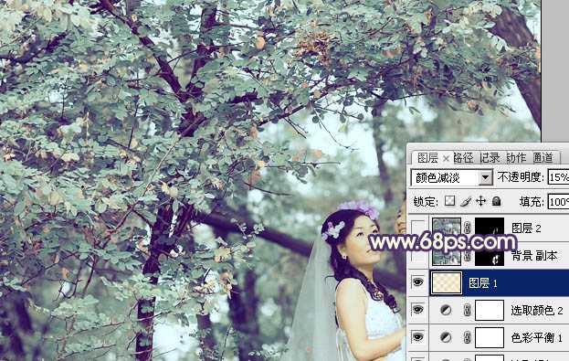 ‘Photoshop制作古典青褐色效果的树林婚片‘