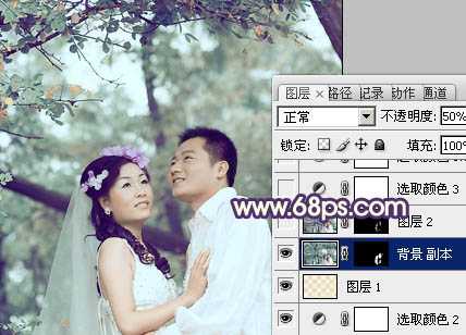 ‘Photoshop制作古典青褐色效果的树林婚片‘