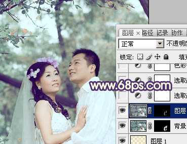 ‘Photoshop制作古典青褐色效果的树林婚片‘